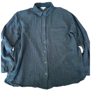 Reitmans black cotton gauze button up blouse collar long tunic‎ womens size XL